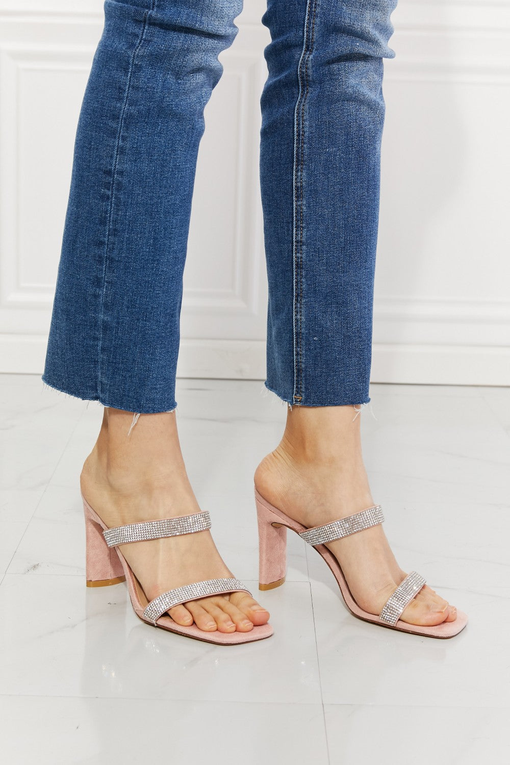 MMShoes Leave A Little Sparkle Rhinestone Block Heel Sandal in Pink - The Sapphire Star