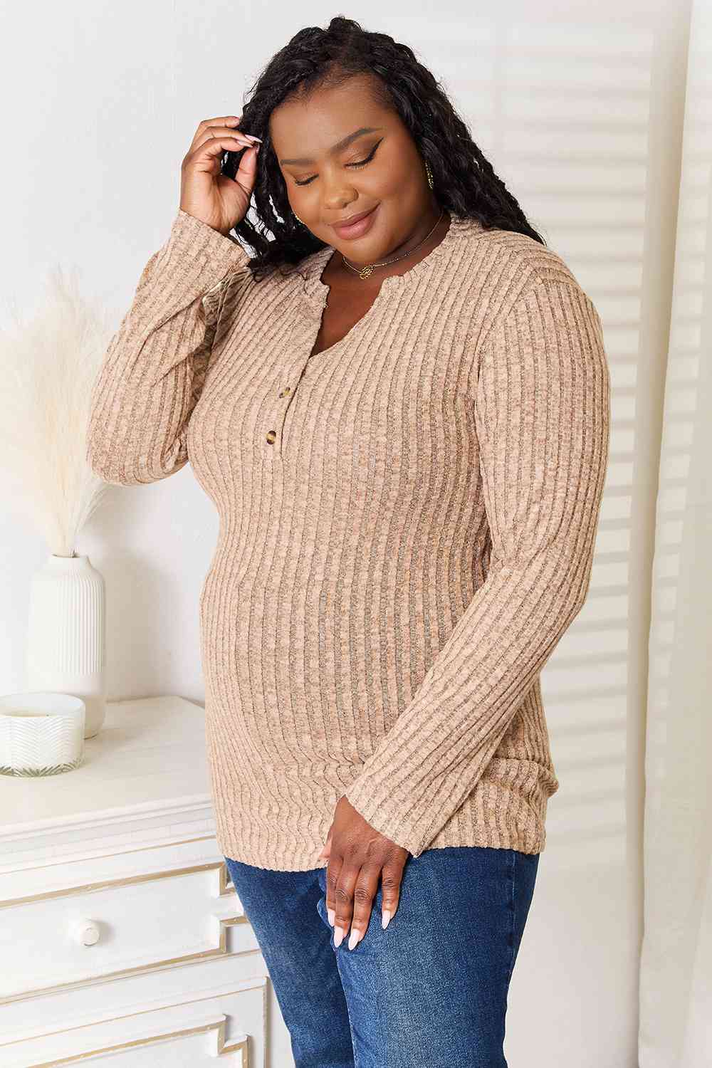 Double Take Notched Neck Ribbed Long Sleeve T-Shirt - The Sapphire Star