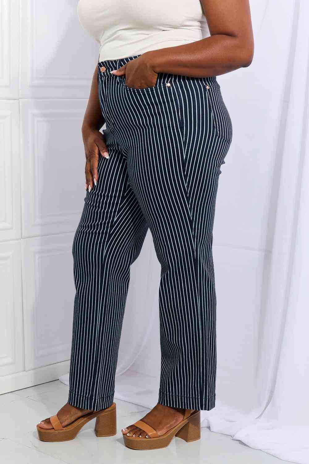 Judy Blue Cassidy Full Size High Waisted Tummy Control Striped Straight Jeans - The Sapphire Star