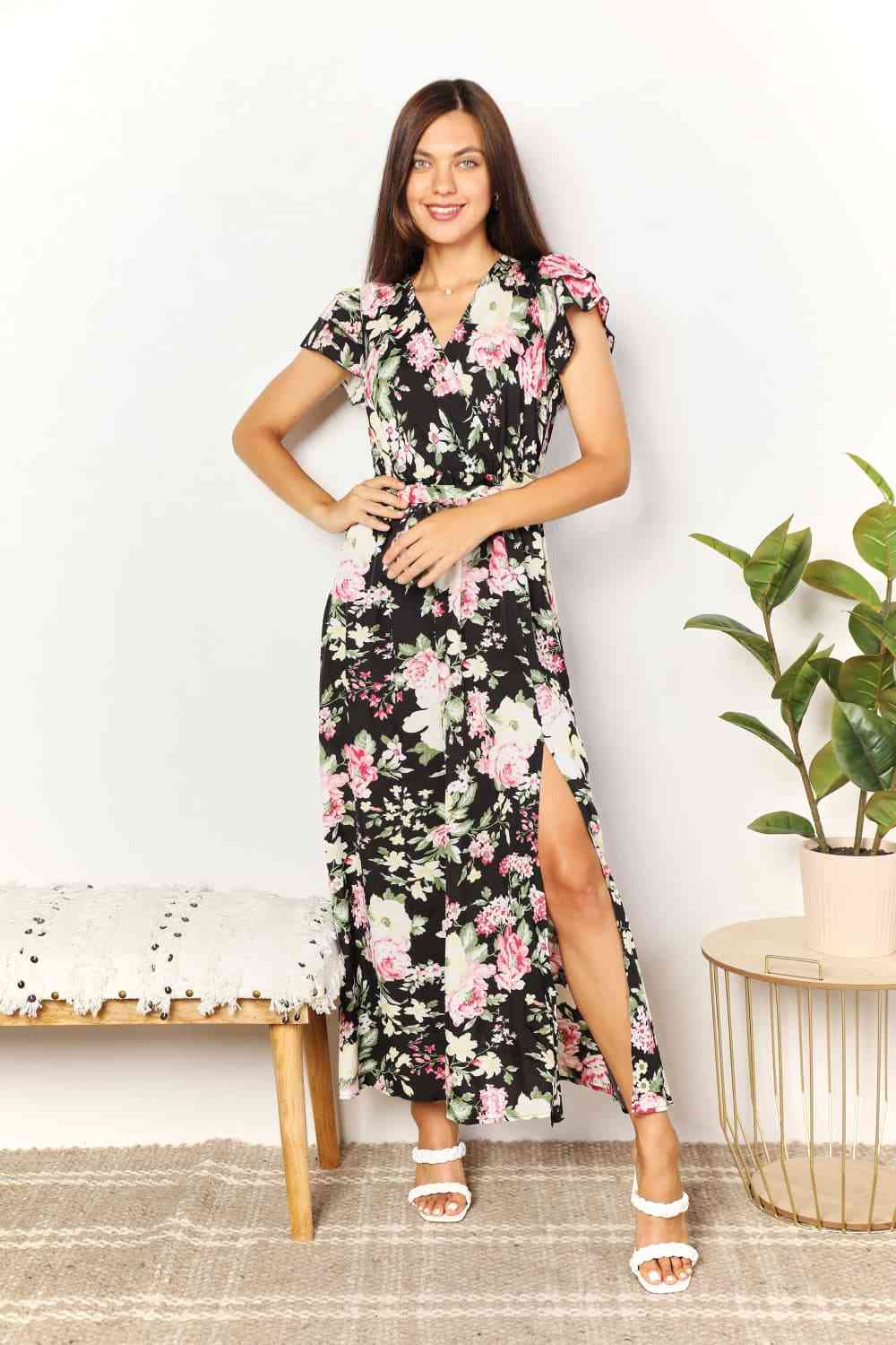 Double Take Floral Flutter Sleeve Tie-Waist Split Dress - The Sapphire Star