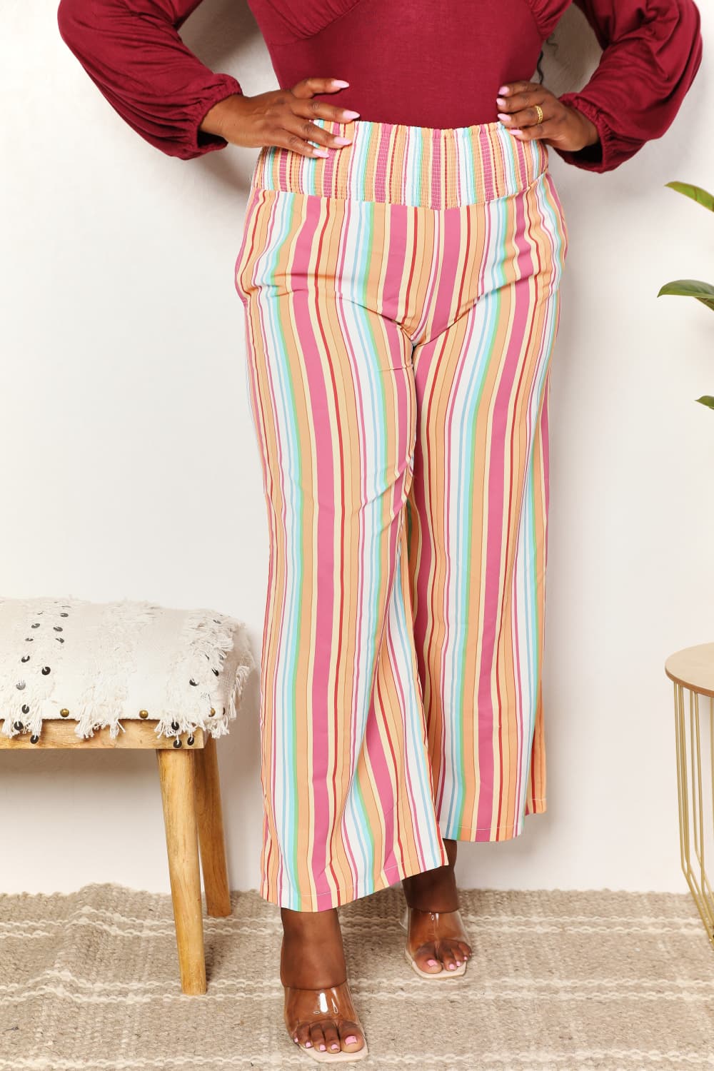 Double Take Striped Smocked Waist Pants with Pockets - The Sapphire Star