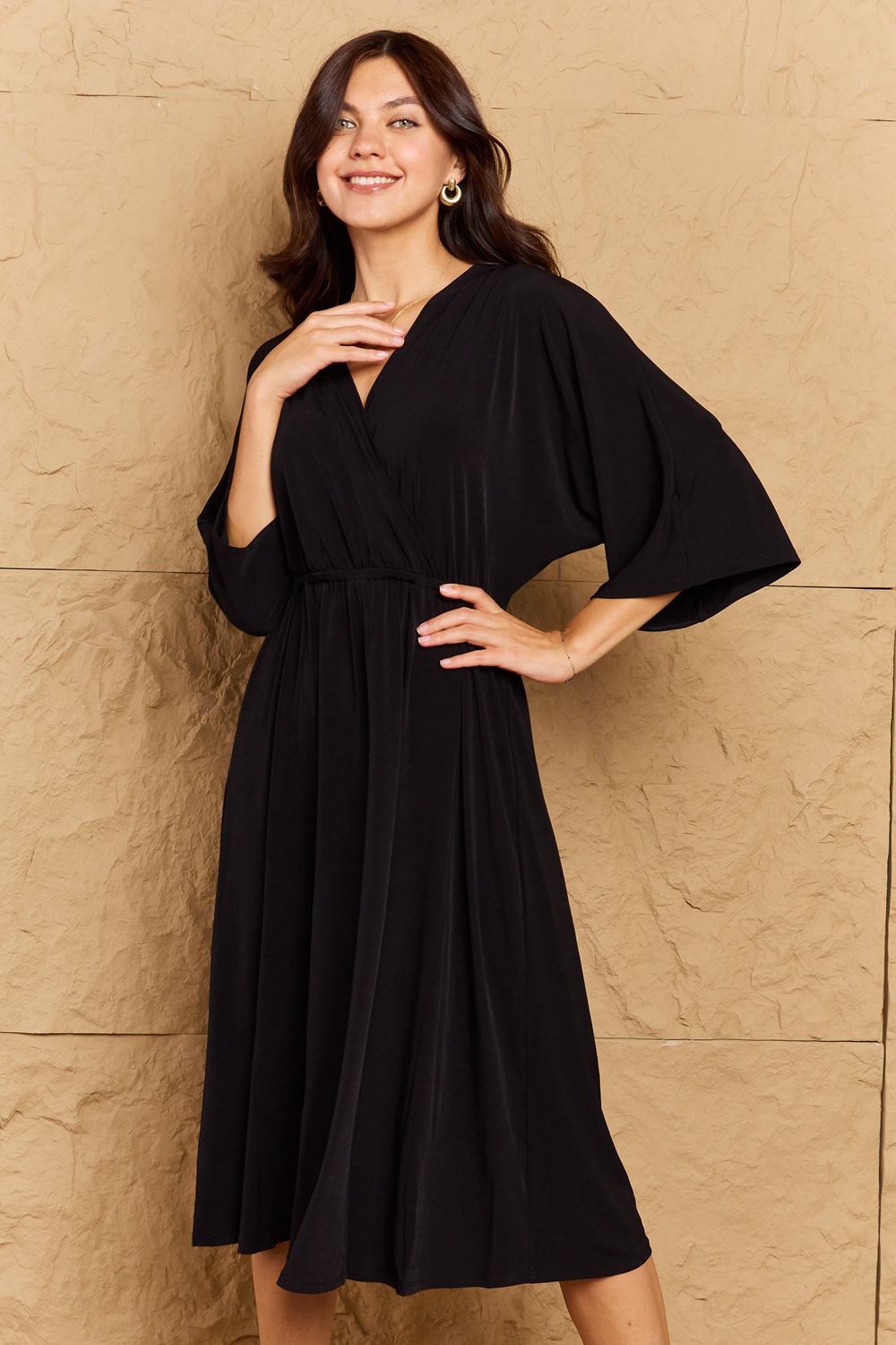 OneTheLand Make Your Move Solid Surplice Midi Dress - The Sapphire Star