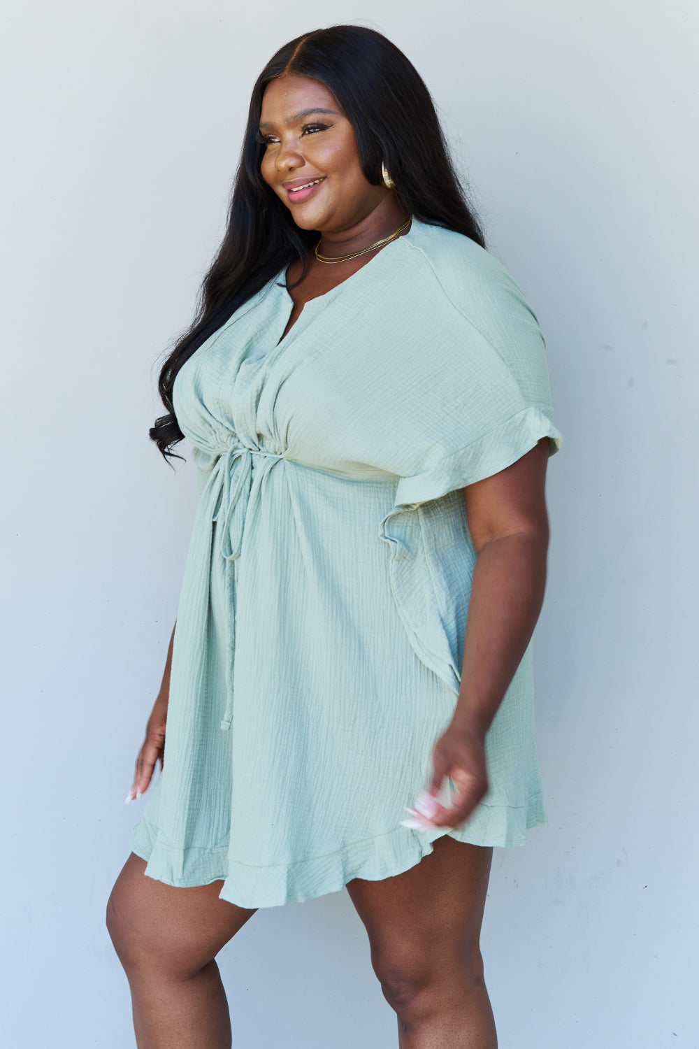 Ninexis Out Of Time Full Size Ruffle Hem Dress with Drawstring Waistband in Light Sage - The Sapphire Star