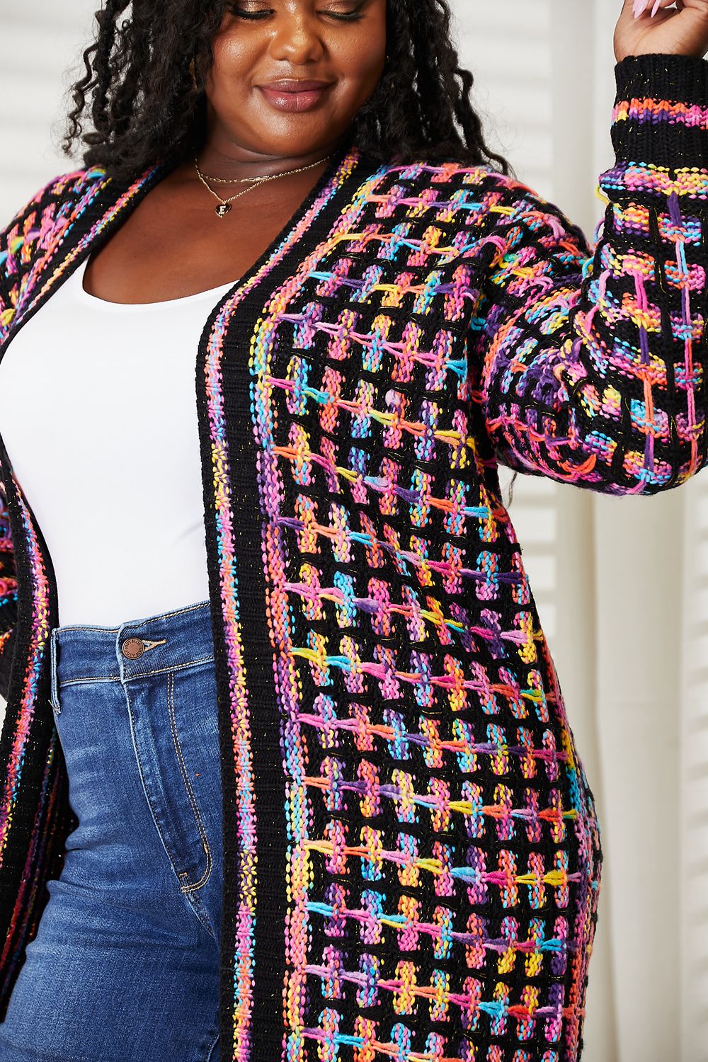 Double Take Full Size Multicolored Open Front Fringe Hem Cardigan - The Sapphire Star