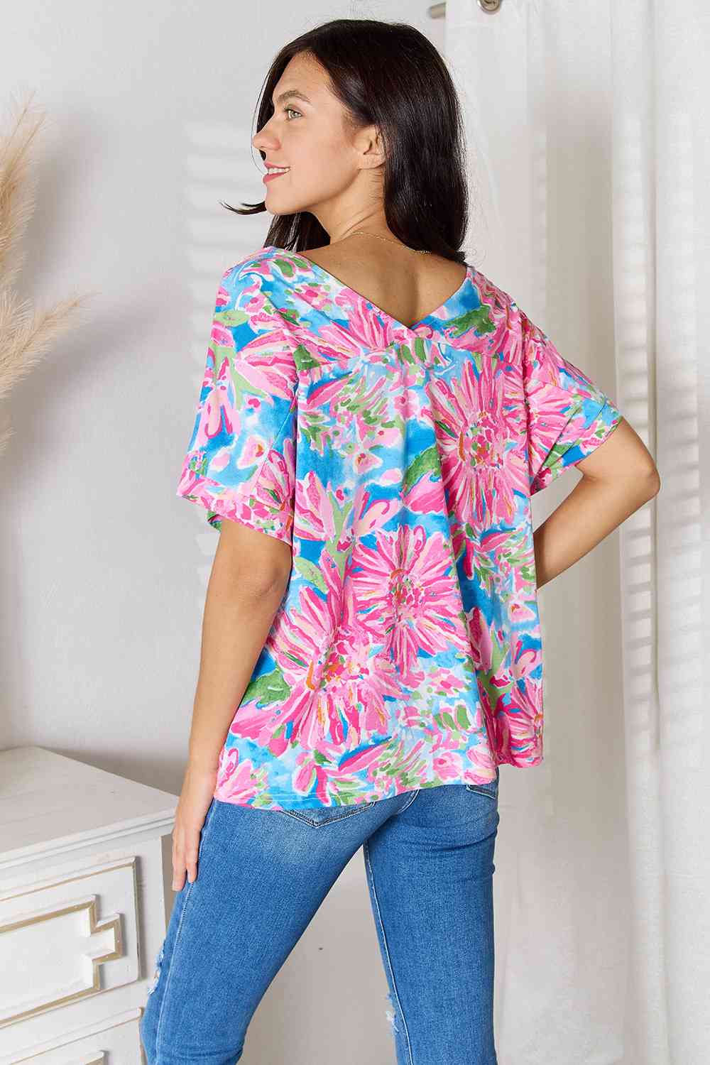 Double Take Floral V-Neck Short Sleeve Blouse - The Sapphire Star