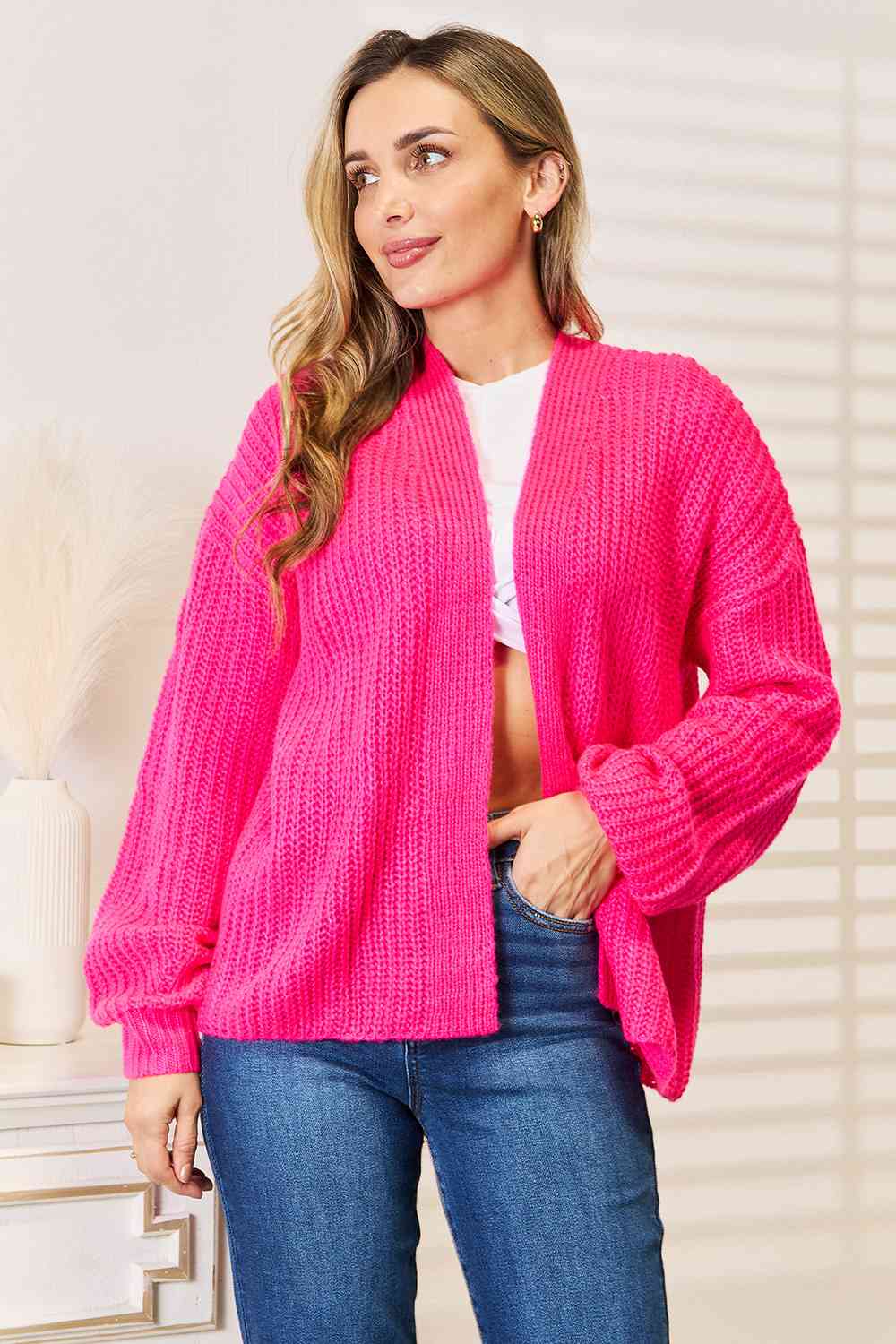 Woven Right Rib-Knit Open Front Drop Shoulder Cardigan - The Sapphire Star