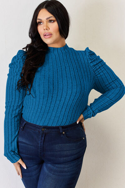 Basic Bae Full Size Ribbed Mock Neck Puff Sleeve T-Shirt - The Sapphire Star