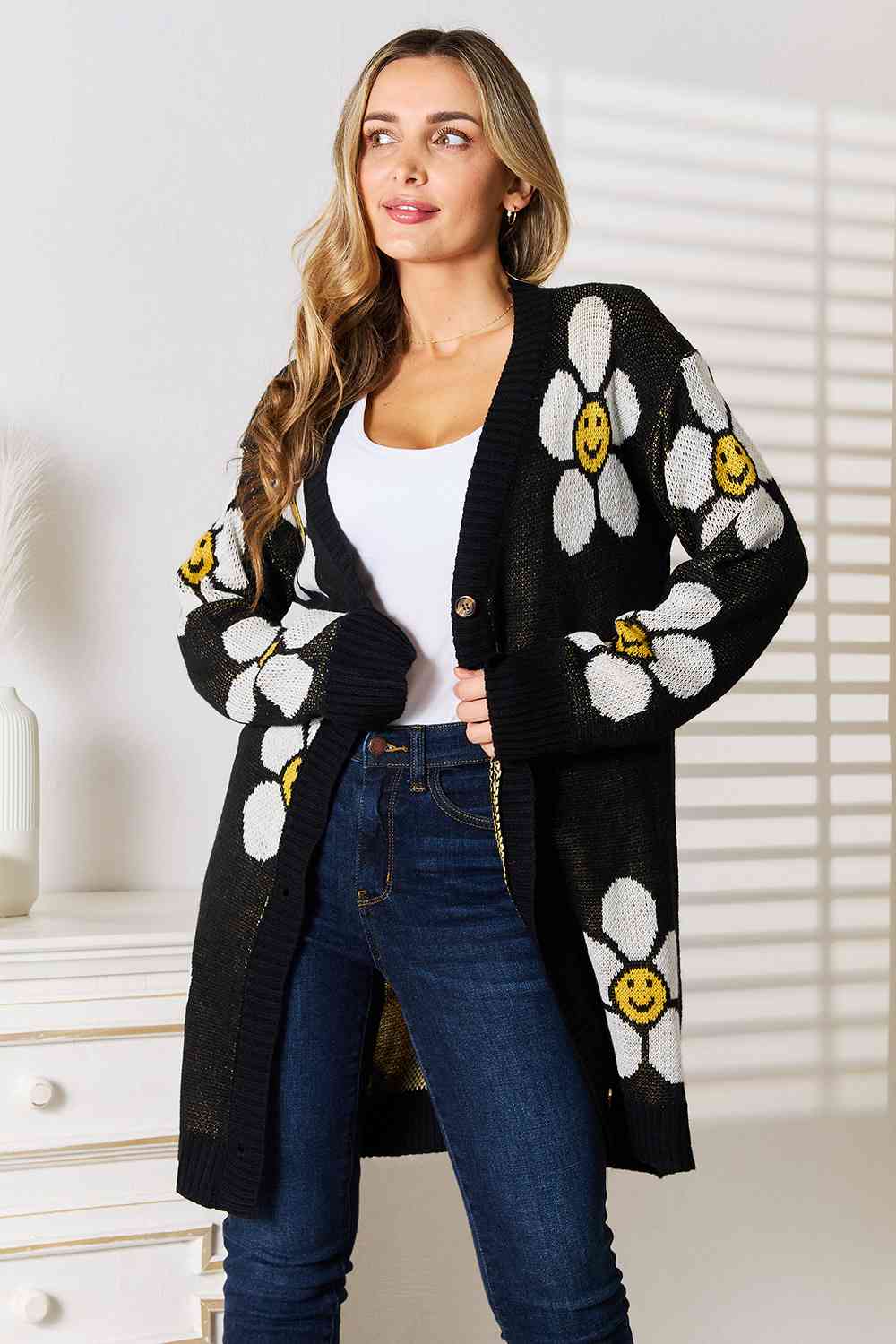 Double Take Floral Button Down Longline Cardigan - The Sapphire Star