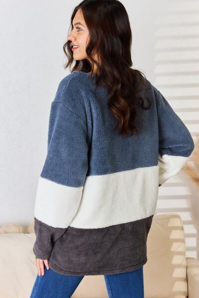 Culture Code Faux Fur Color Block V-Neck Sweater - The Sapphire Star