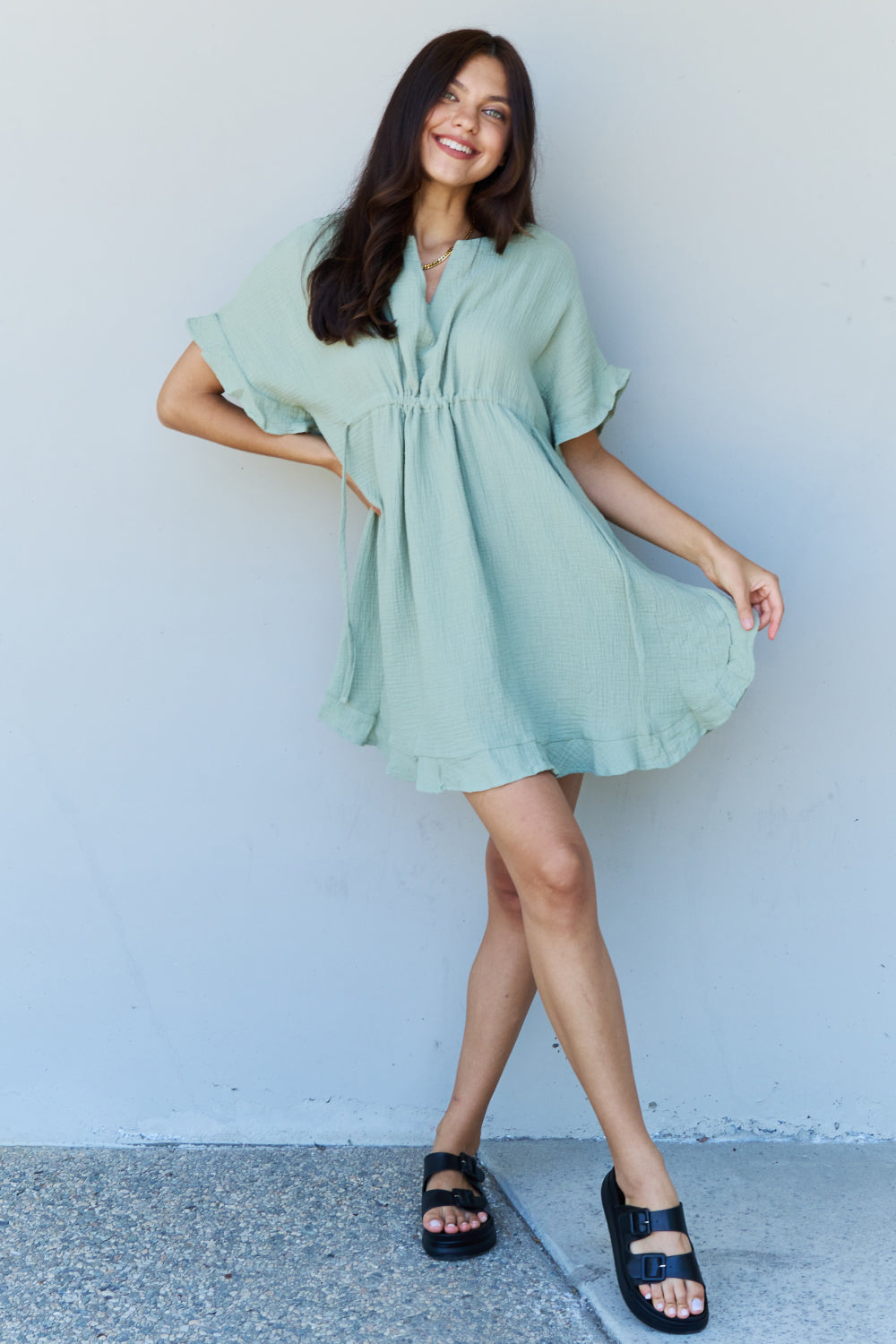 Ninexis Out Of Time Full Size Ruffle Hem Dress with Drawstring Waistband in Light Sage - The Sapphire Star