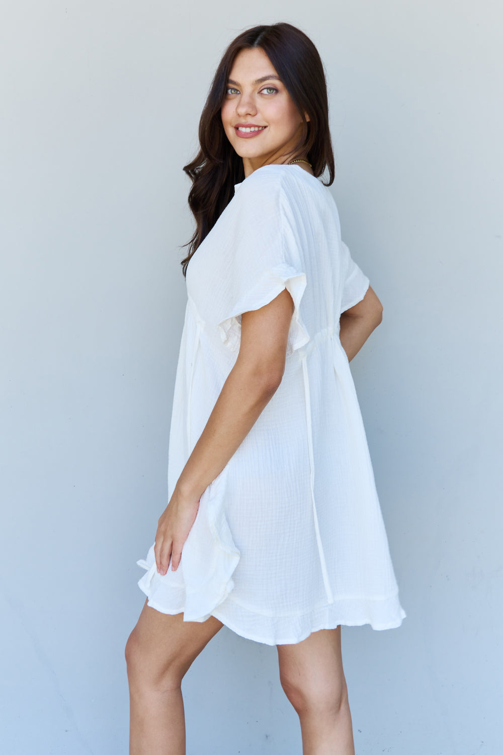 Ninexis Out Of Time Full Size Ruffle Hem Dress with Drawstring Waistband in White - The Sapphire Star