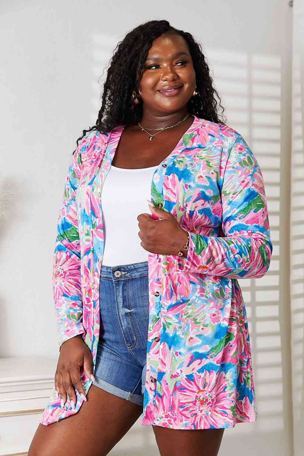 Double Take Floral Open Front Long Sleeve Cardigan - The Sapphire Star