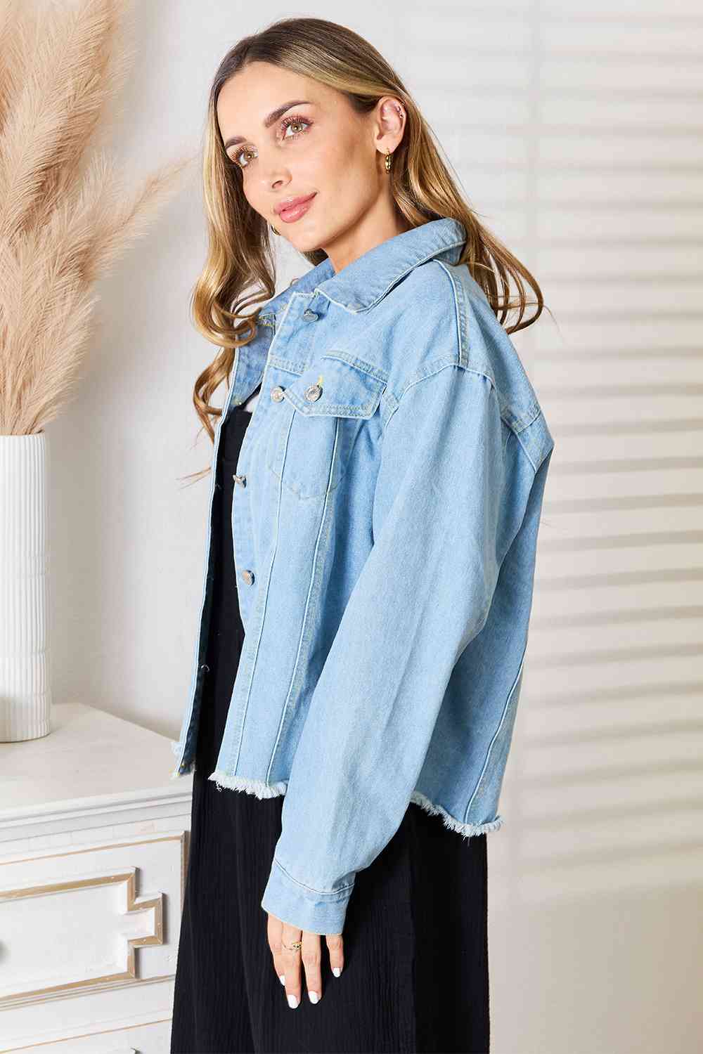 Double Take Dropped Shoulder Raw Hem Denim Jacket - The Sapphire Star