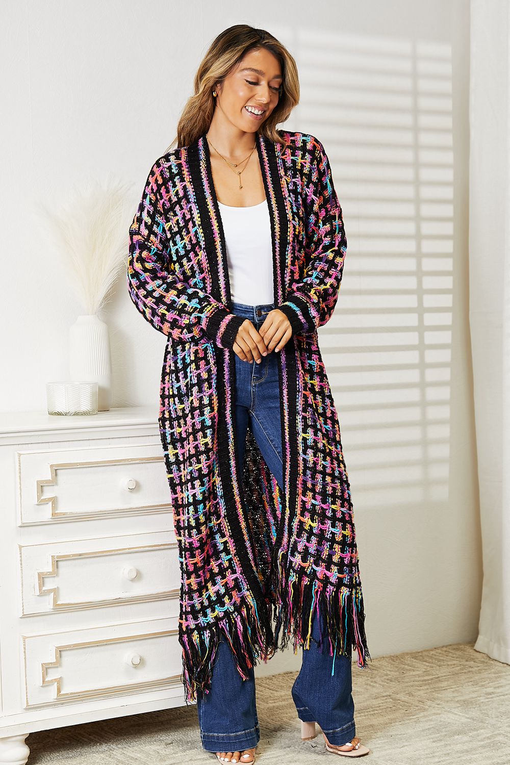 Double Take Full Size Multicolored Open Front Fringe Hem Cardigan - The Sapphire Star