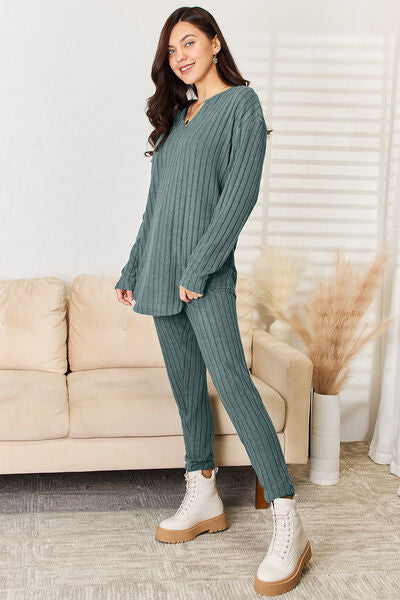 Basic Bae Full Size Notched Long Sleeve Top and Pants Set - The Sapphire Star