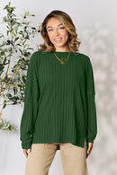 Basic Bae Full Size Ribbed Round Neck Slit Knit Top - The Sapphire Star