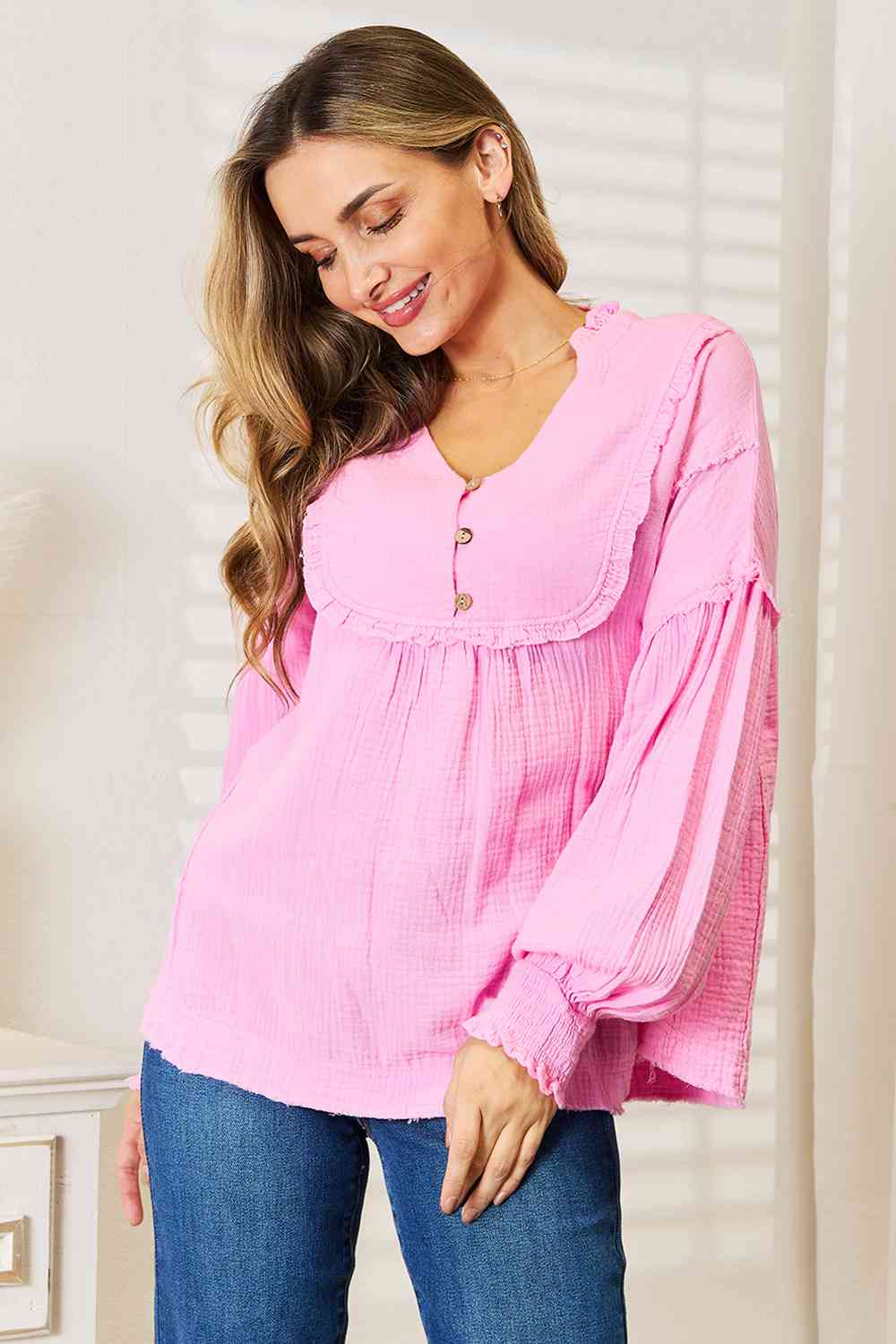 Double Take Exposed Seam Buttoned Notched Neck Blouse - The Sapphire Star