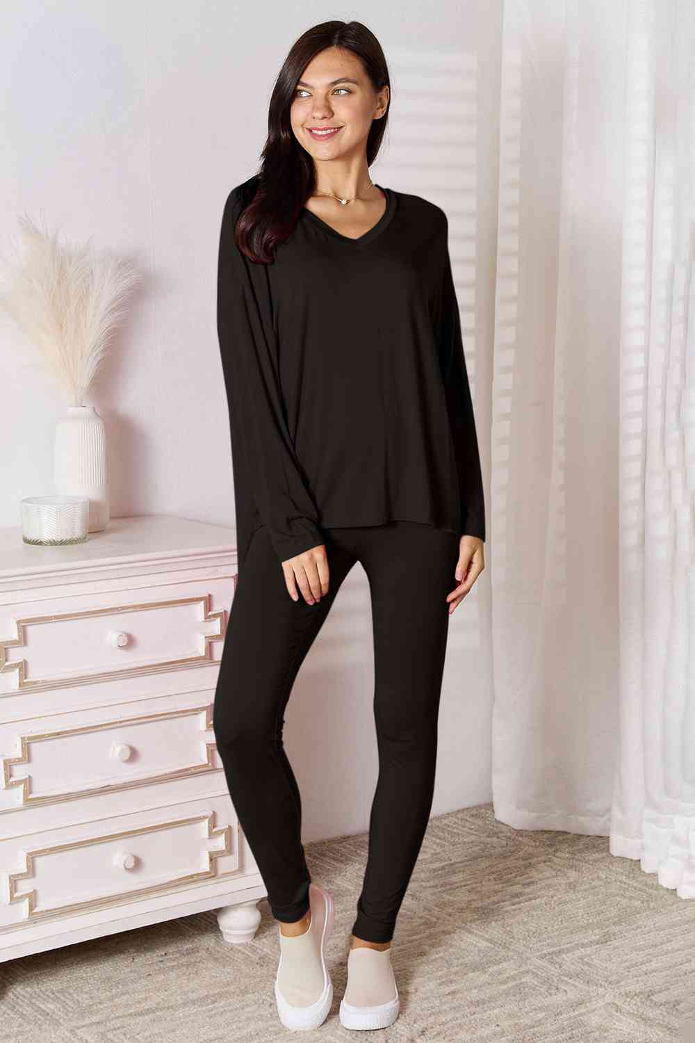 Basic Bae Full Size V-Neck Soft Rayon Long Sleeve Top and Pants Lounge Set - The Sapphire Star