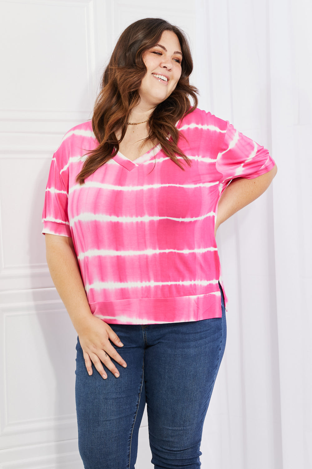 Yelete Full Size Oversized Fit V-Neck Striped Top - The Sapphire Star