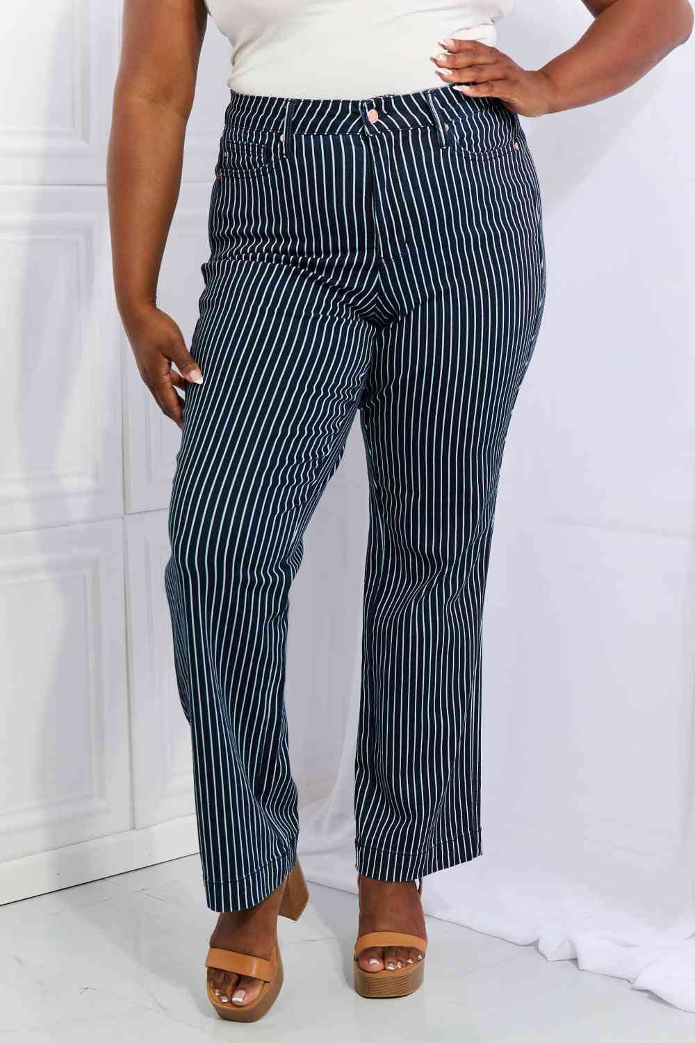 Judy Blue Cassidy Full Size High Waisted Tummy Control Striped Straight Jeans - The Sapphire Star