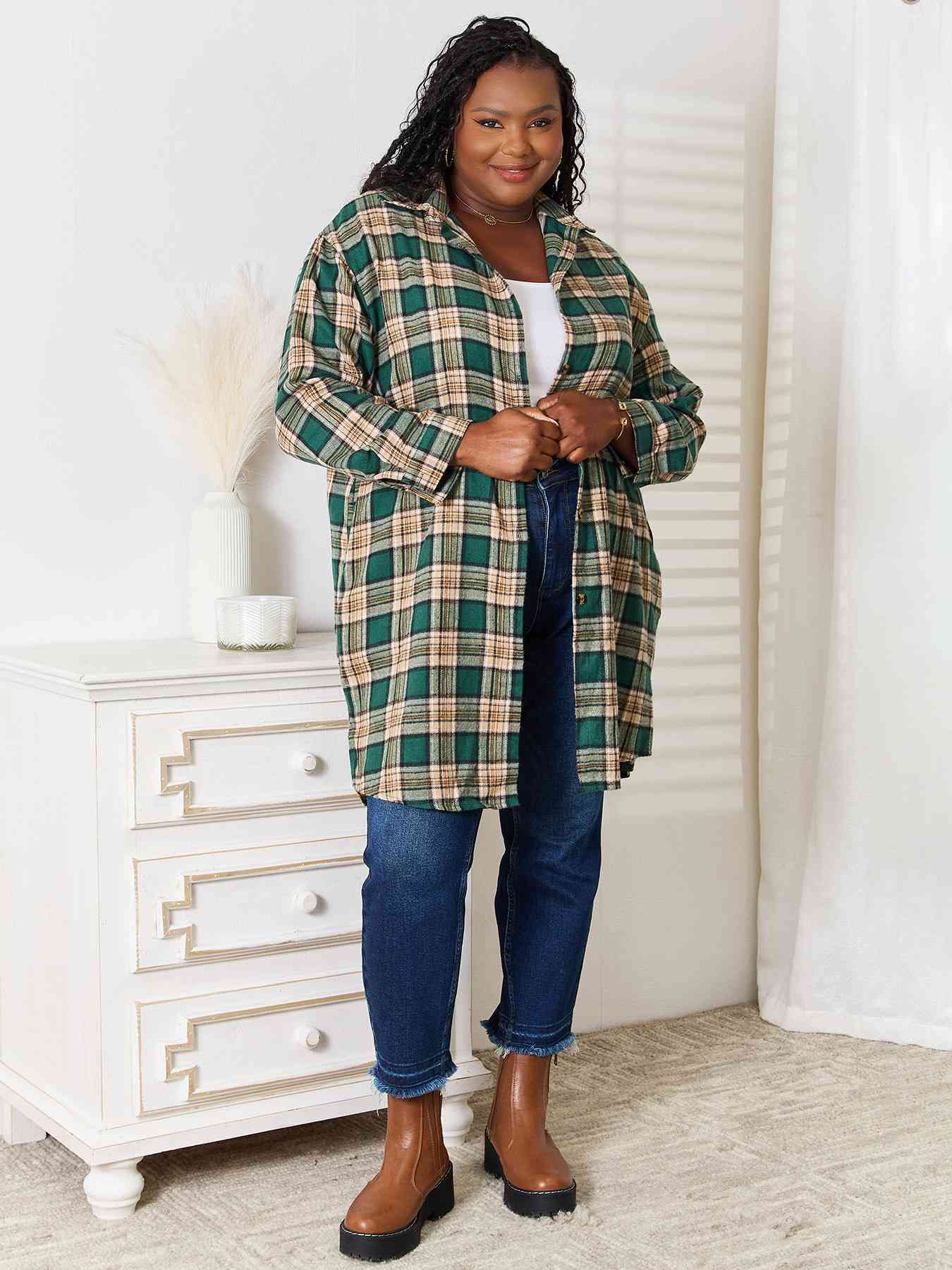 Double Take Plaid Collared Neck Long Sleeve Shirt - The Sapphire Star