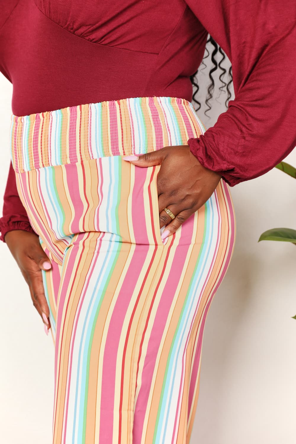 Double Take Striped Smocked Waist Pants with Pockets - The Sapphire Star