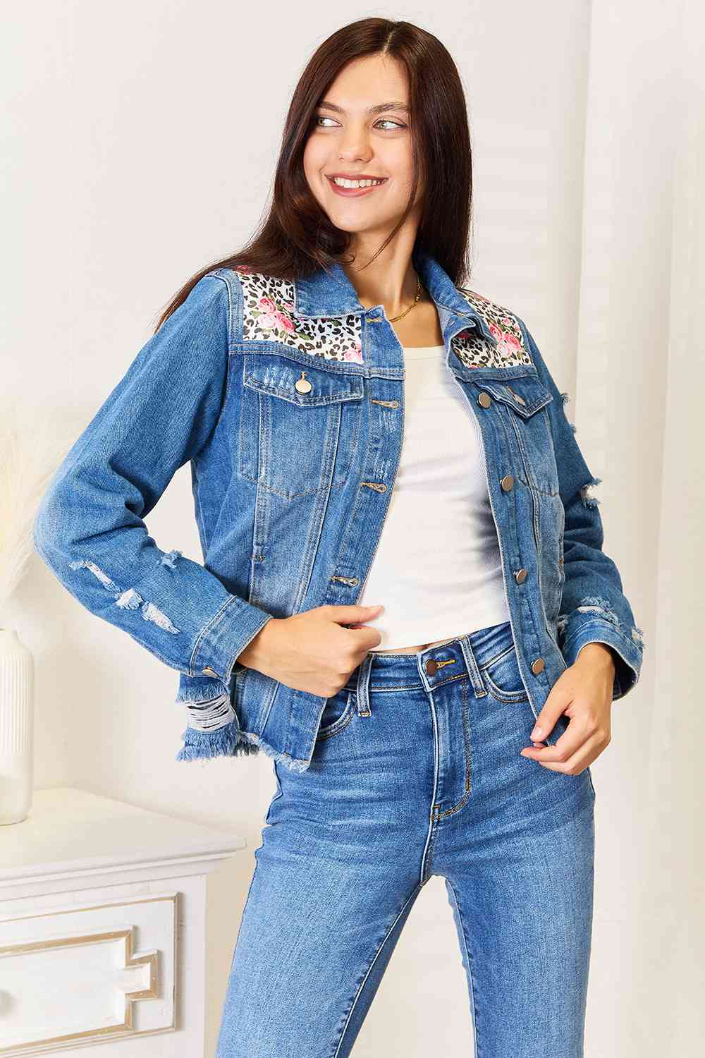 Baeful Leopard Floral Distressed Raw Hem Denim Jacket - The Sapphire Star