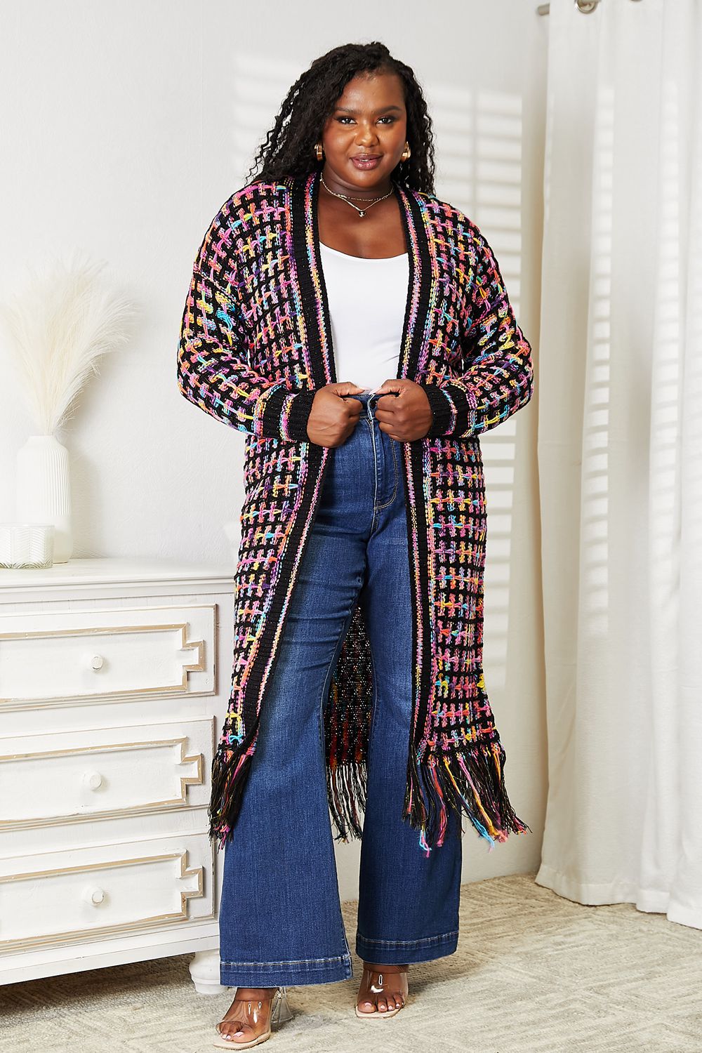 Double Take Full Size Multicolored Open Front Fringe Hem Cardigan - The Sapphire Star