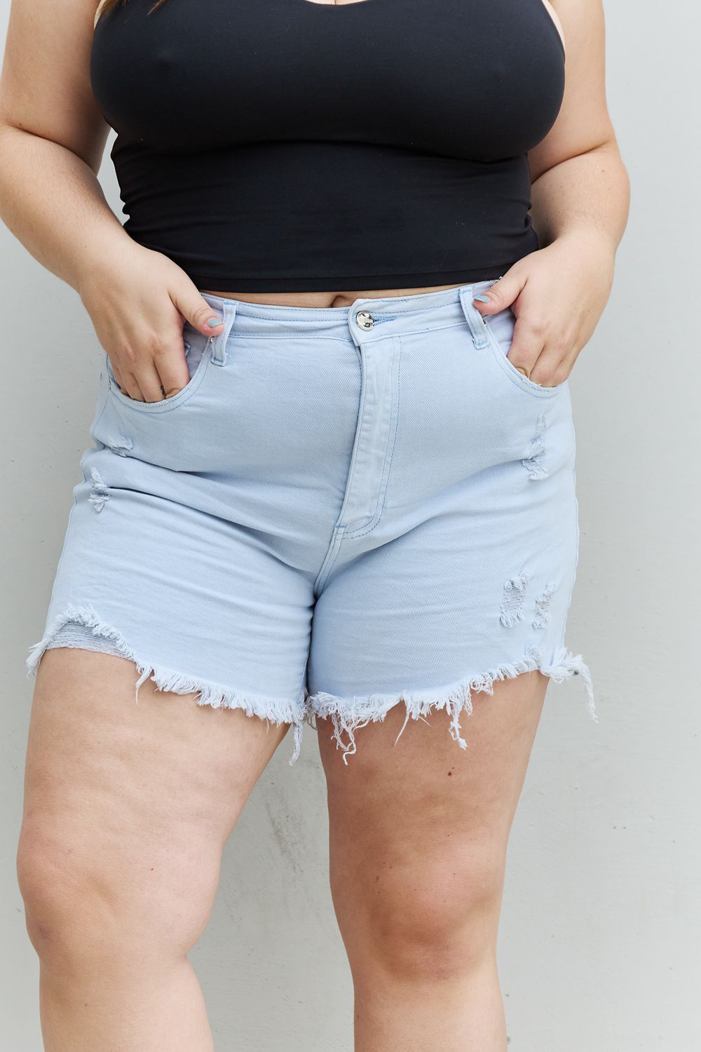 RISEN Katie Full Size High Waisted Distressed Shorts in Ice Blue - The Sapphire Star