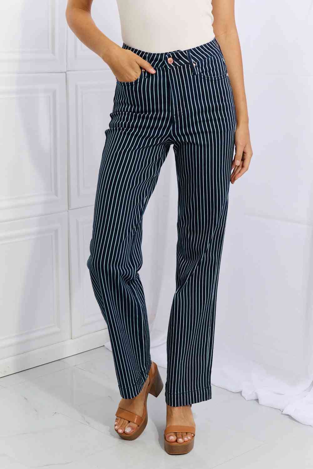 Judy Blue Cassidy Full Size High Waisted Tummy Control Striped Straight Jeans - The Sapphire Star