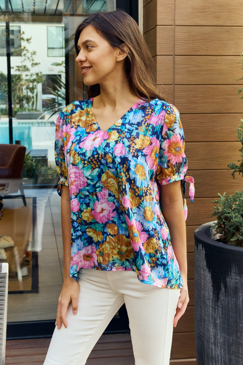 Petal Dew Full Size Floral V-Neck Tie Detail Blouse - The Sapphire Star