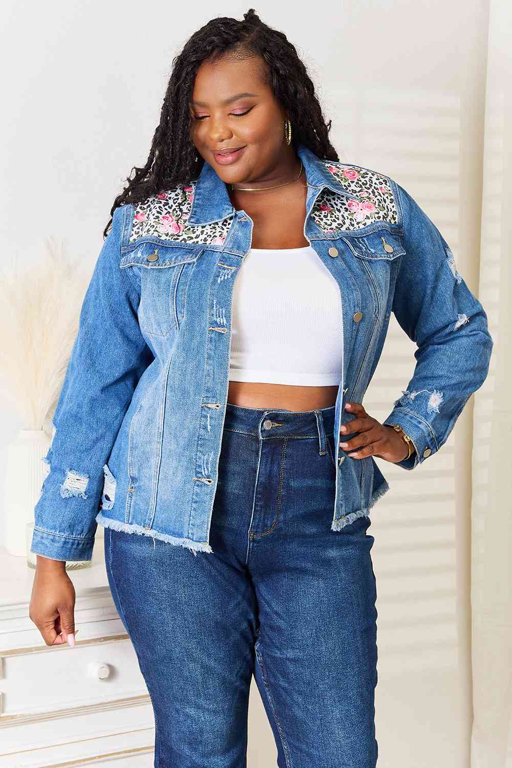 Baeful Leopard Floral Distressed Raw Hem Denim Jacket - The Sapphire Star