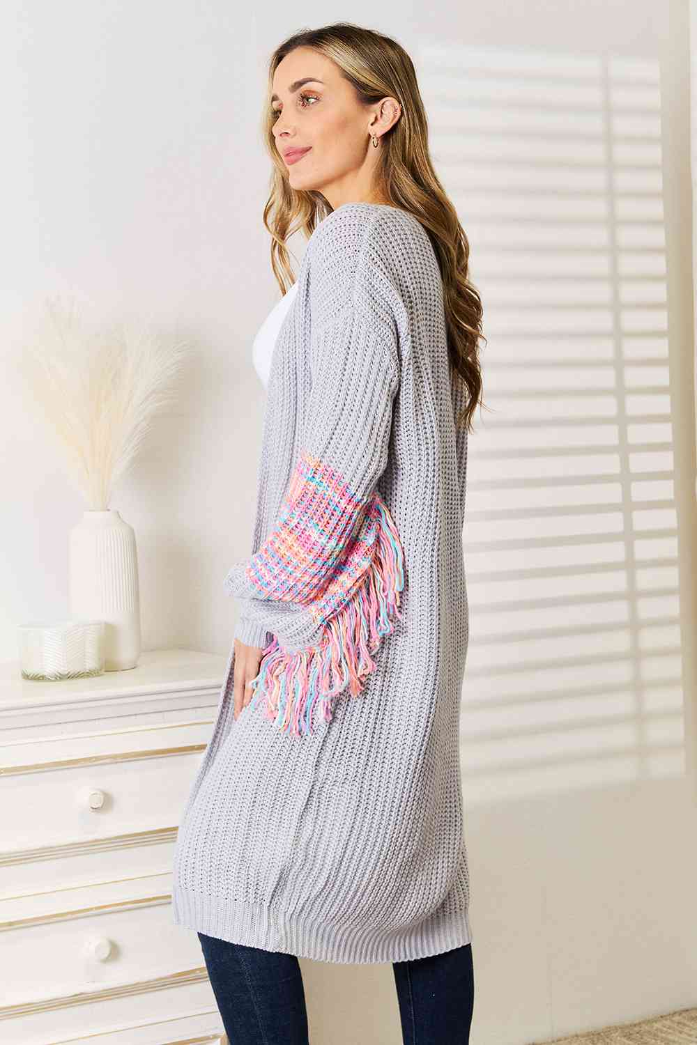 Woven Right Fringe Sleeve Dropped Shoulder Cardigan - The Sapphire Star