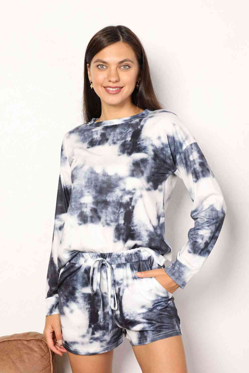 Double Take Tie-Dye Round Neck Top and Shorts Lounge Set - The Sapphire Star