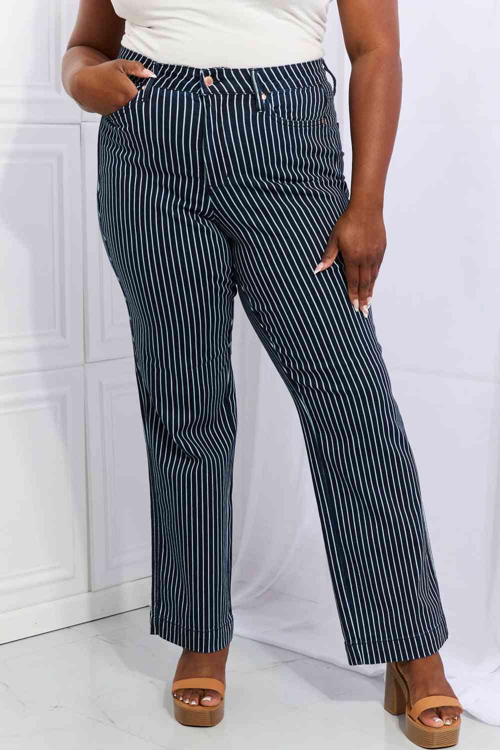 Judy Blue Cassidy Full Size High Waisted Tummy Control Striped Straight Jeans - The Sapphire Star