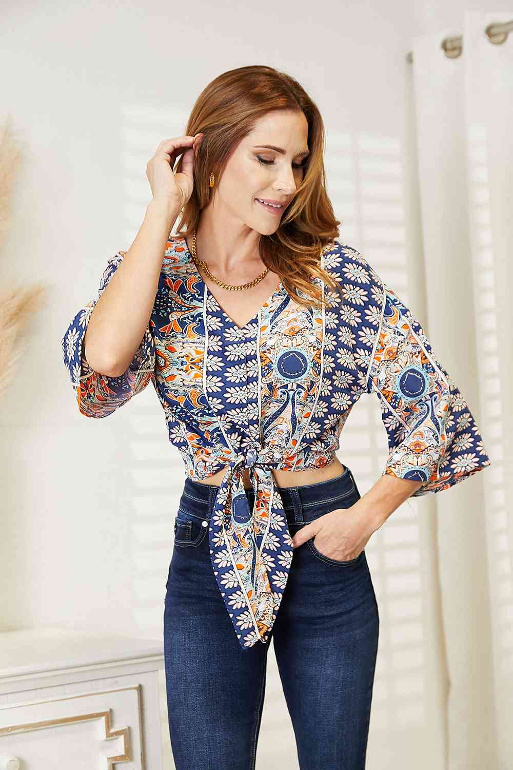 Double Take Tie Hem V-Neck Three-Quarter Sleeve Blouse - The Sapphire Star