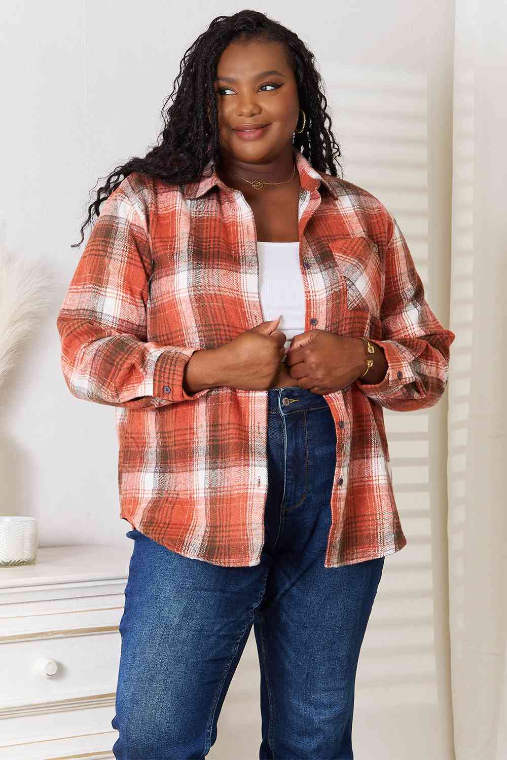 Double Take Plaid Collared Neck Long Sleeve Shirt - The Sapphire Star