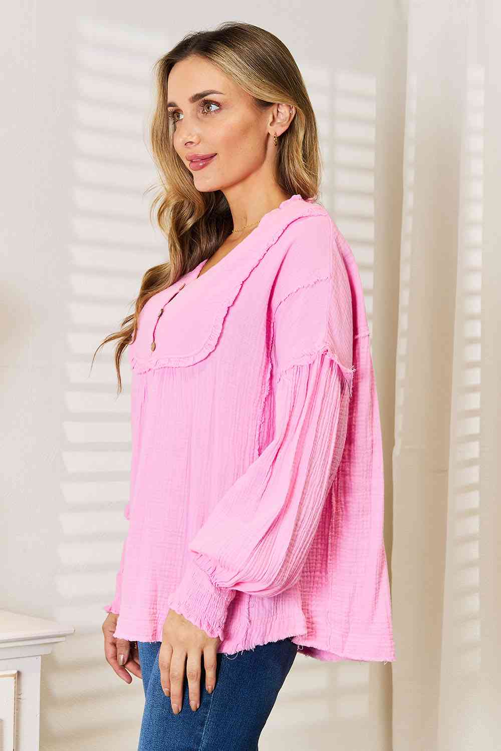 Double Take Exposed Seam Buttoned Notched Neck Blouse - The Sapphire Star