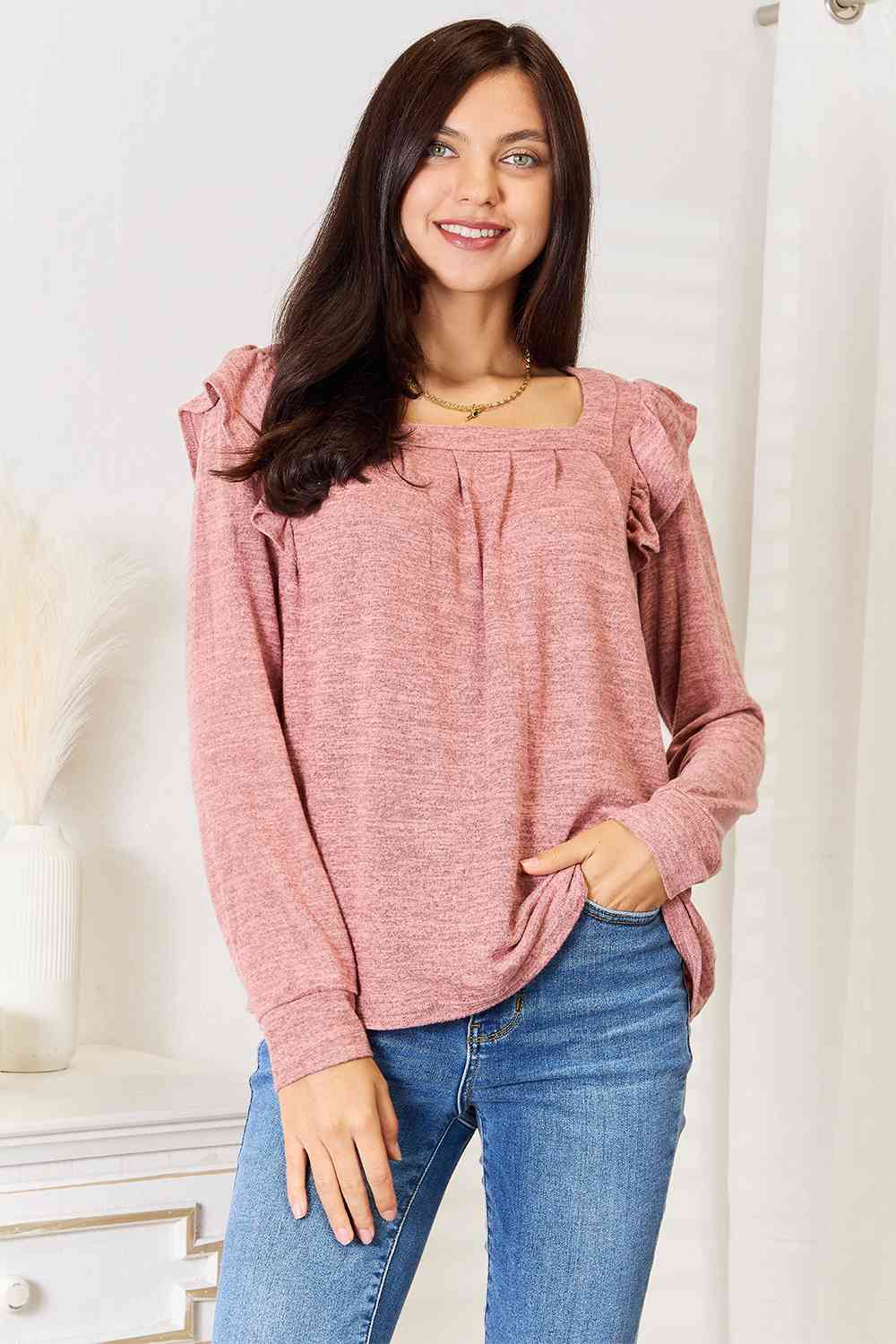 Double Take Square Neck Ruffle Shoulder Long Sleeve T-Shirt - The Sapphire Star