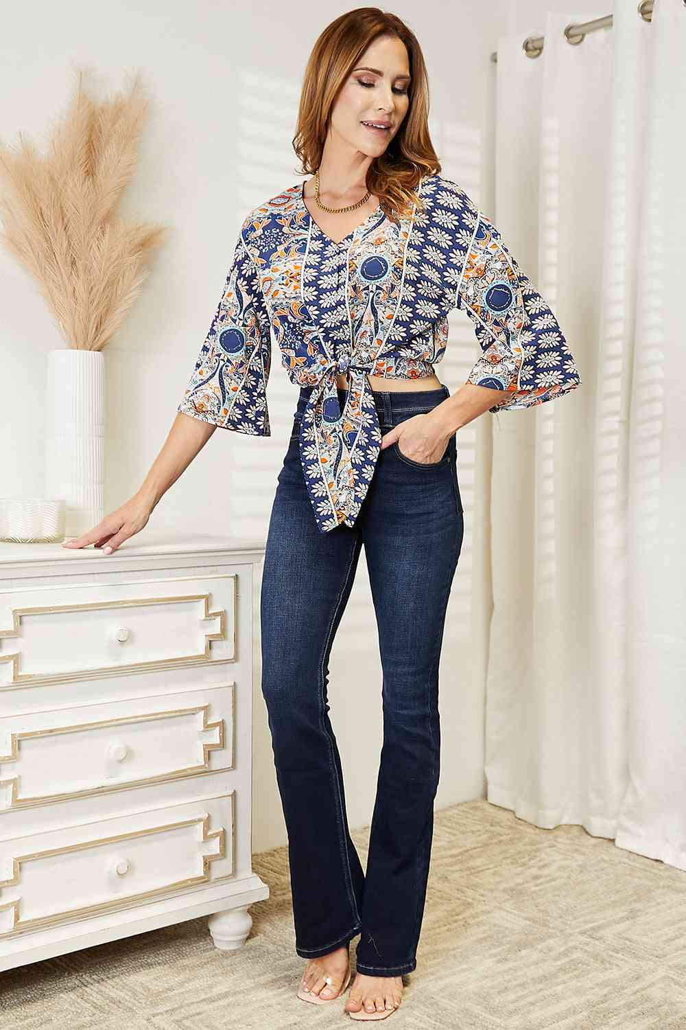 Double Take Tie Hem V-Neck Three-Quarter Sleeve Blouse - The Sapphire Star