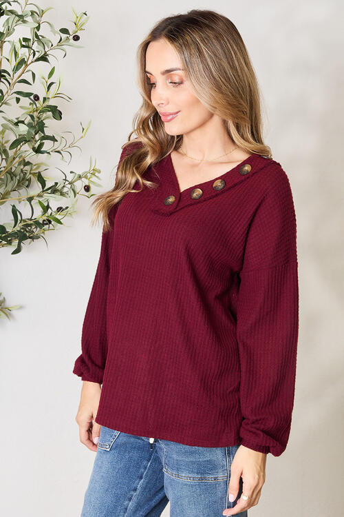 Zenana Buttoned V-Neck Long Sleeve Blouse - The Sapphire Star