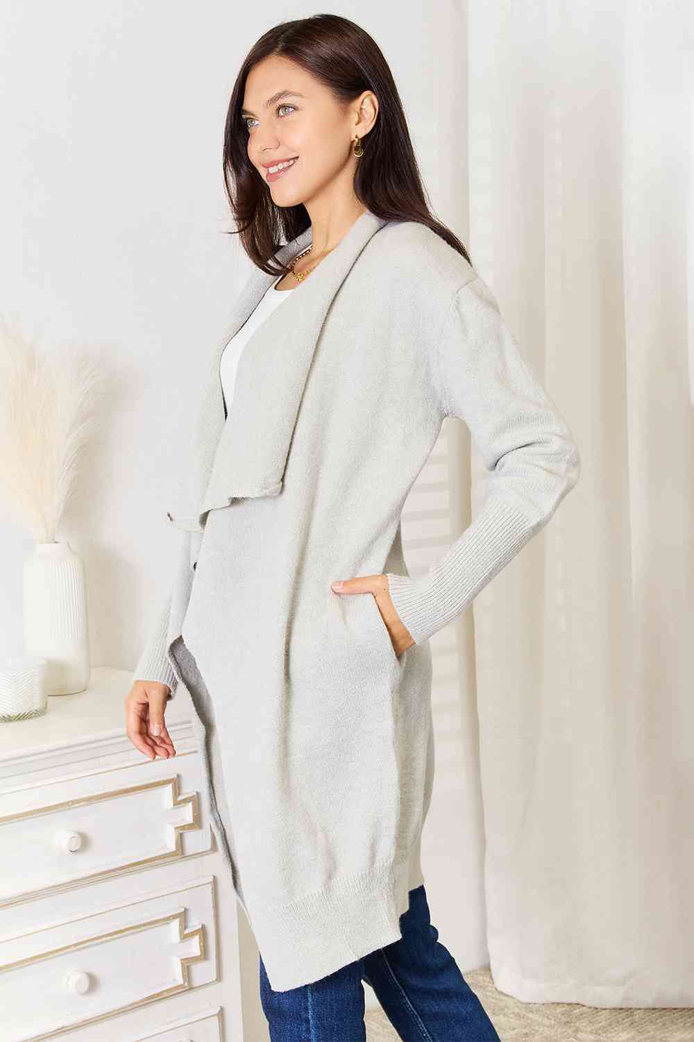 Double Take Open Front Duster Cardigan with Pockets - The Sapphire Star