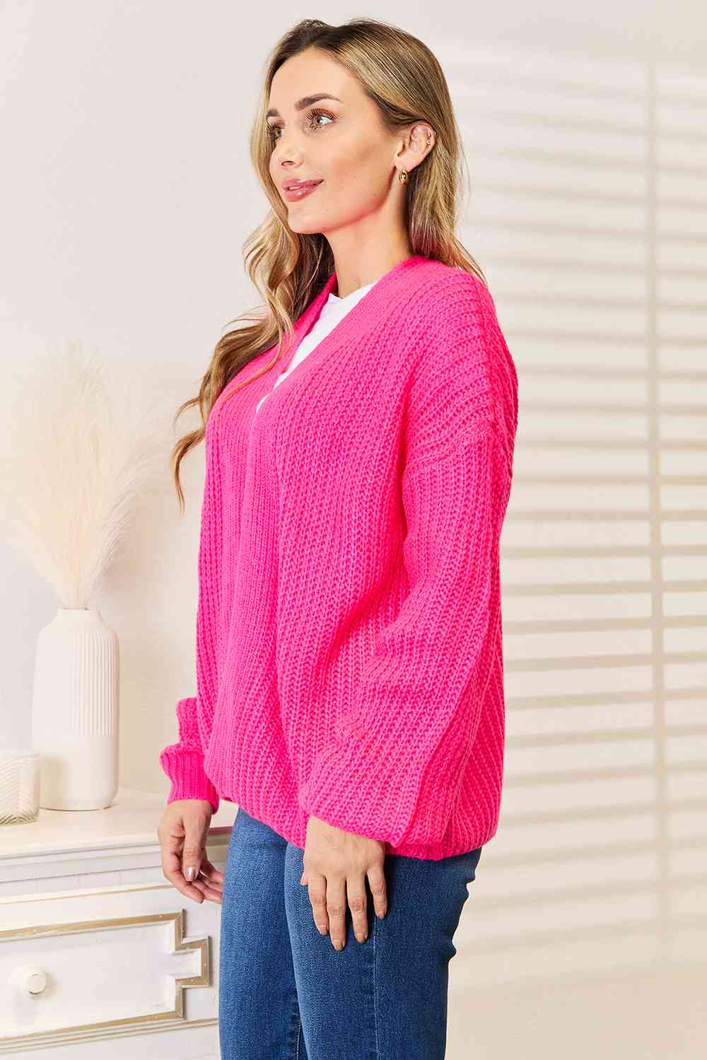 Woven Right Rib-Knit Open Front Drop Shoulder Cardigan - The Sapphire Star