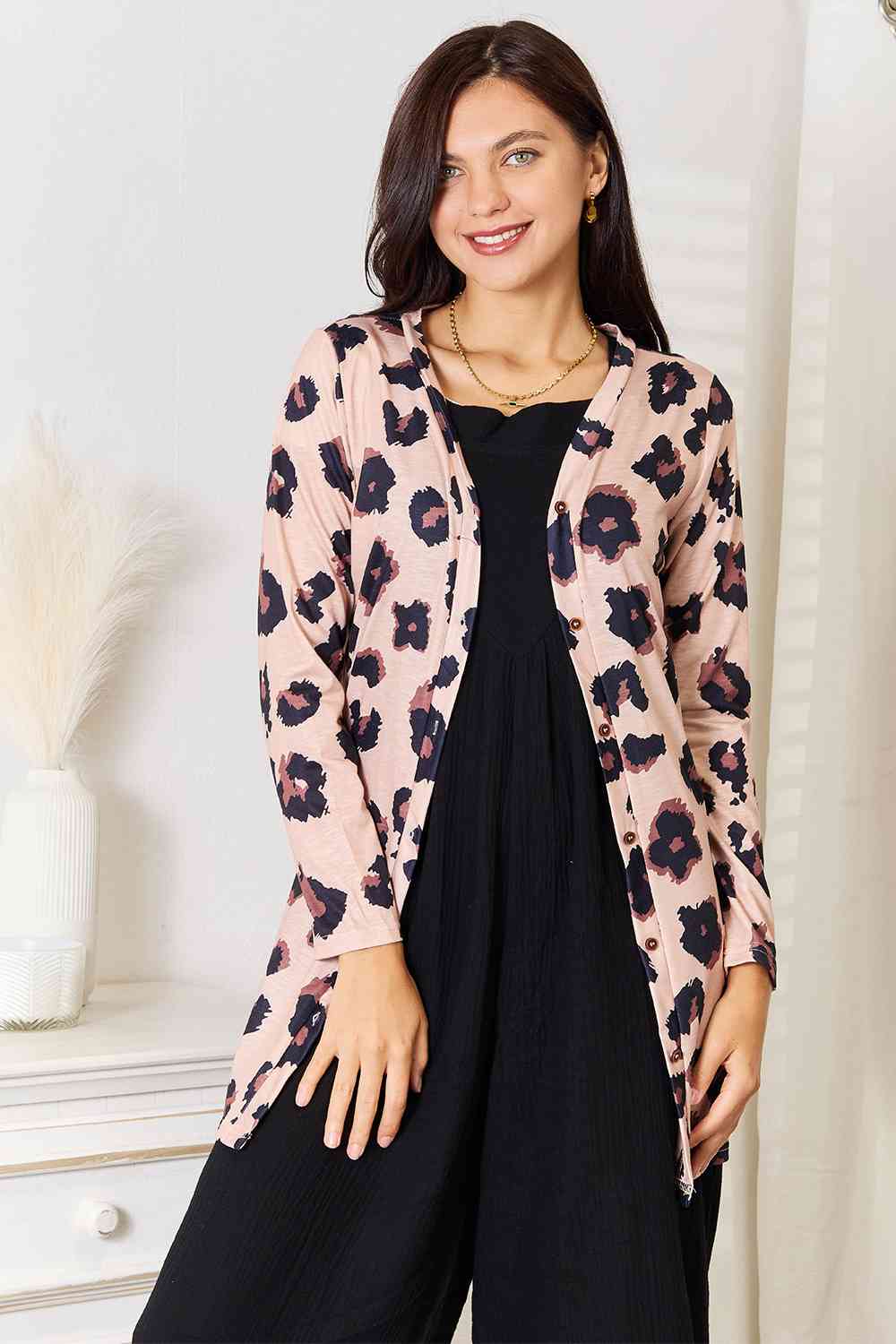 Double Take Printed Button Front Longline Cardigan - The Sapphire Star