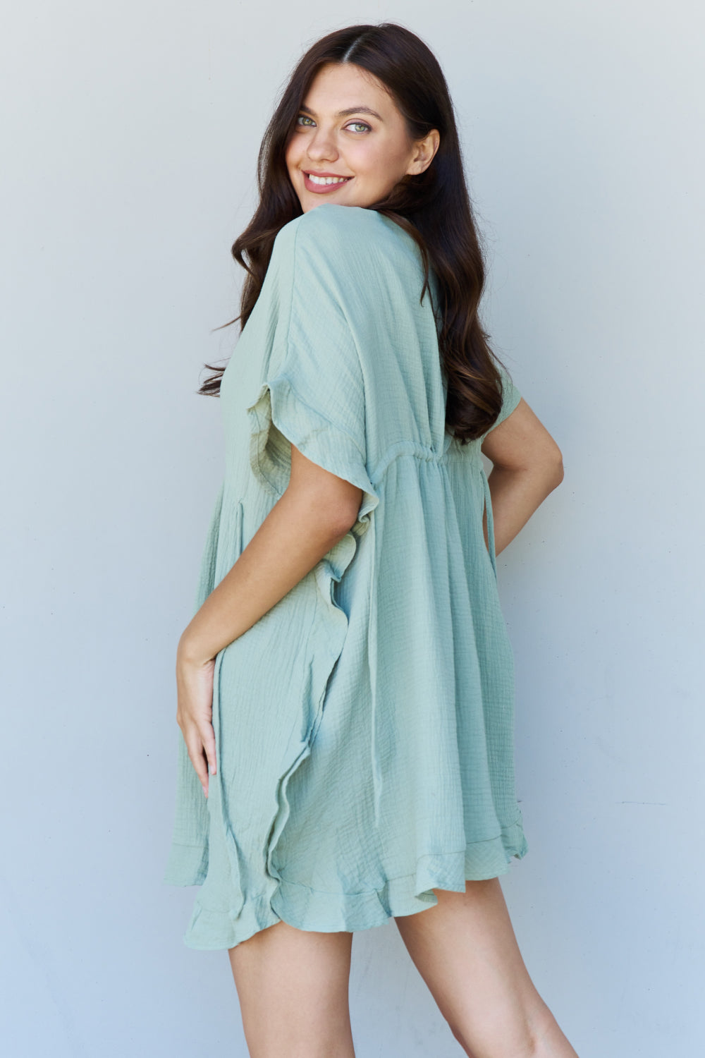 Ninexis Out Of Time Full Size Ruffle Hem Dress with Drawstring Waistband in Light Sage - The Sapphire Star