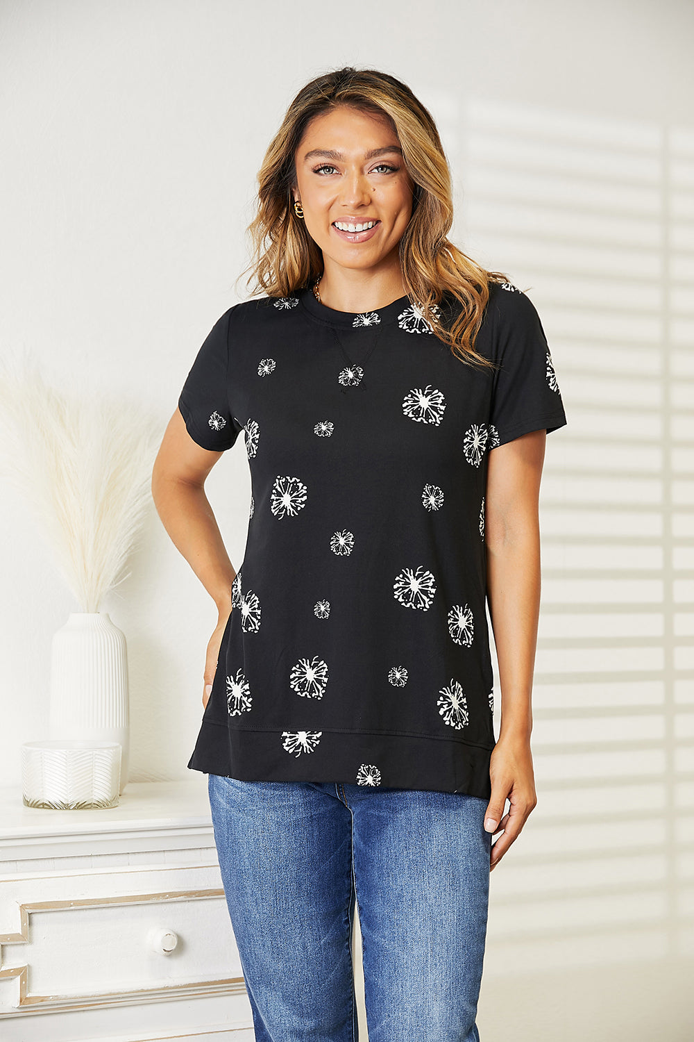 Double Take Dandelion Print Round Neck T-Shirt - The Sapphire Star