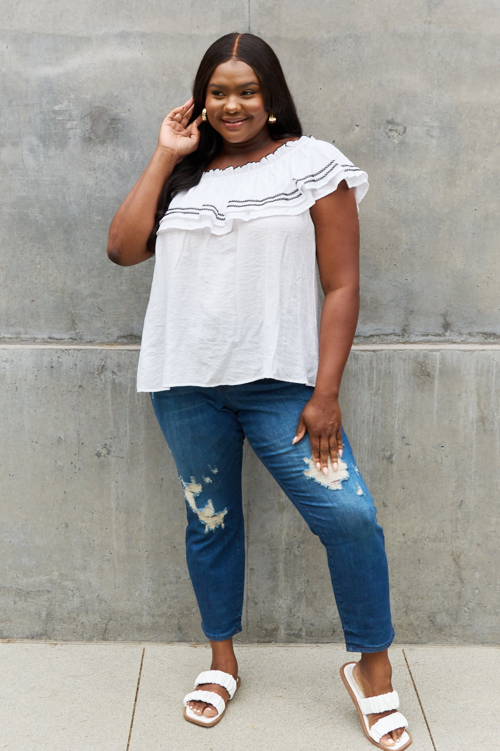 ODDI Full Size Off The Shoulder Ruffle Blouse - The Sapphire Star