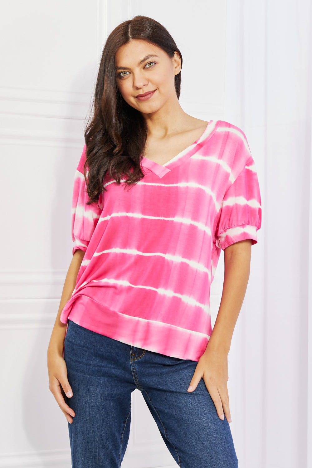 Yelete Full Size Oversized Fit V-Neck Striped Top - The Sapphire Star