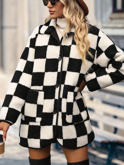 Double Take Full Size Checkered Button Front Coat with Pockets - The Sapphire Star