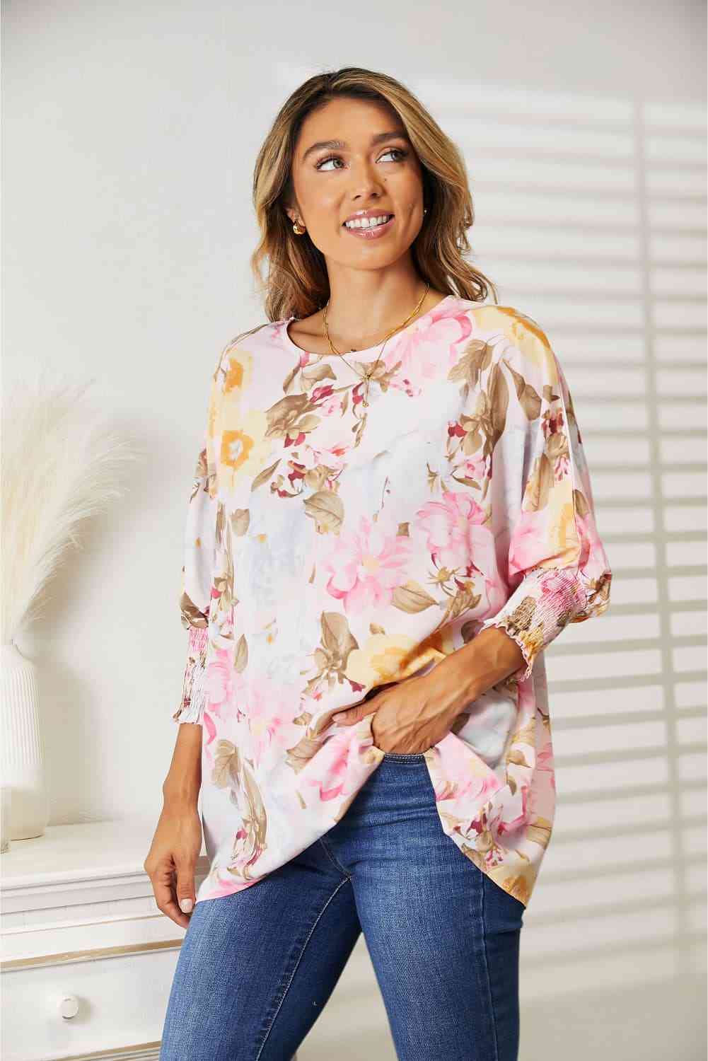 Double Take Floral Round Neck Three-Quarter Sleeve Top - The Sapphire Star